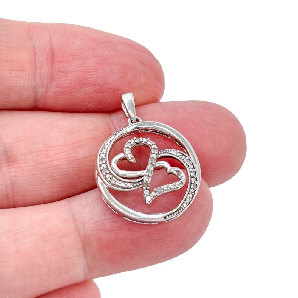 Vintage Sterling Silver 925 Diamond Intertwined Hearts Pendant